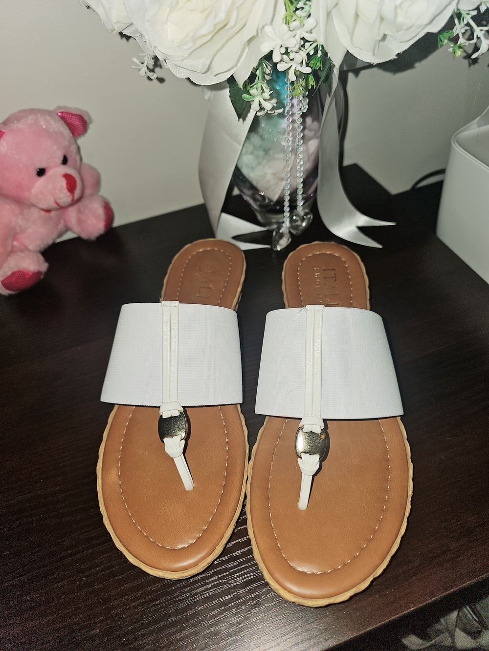 Italian Shoemakers White and Tan Slide Sandals with Metallic Accent